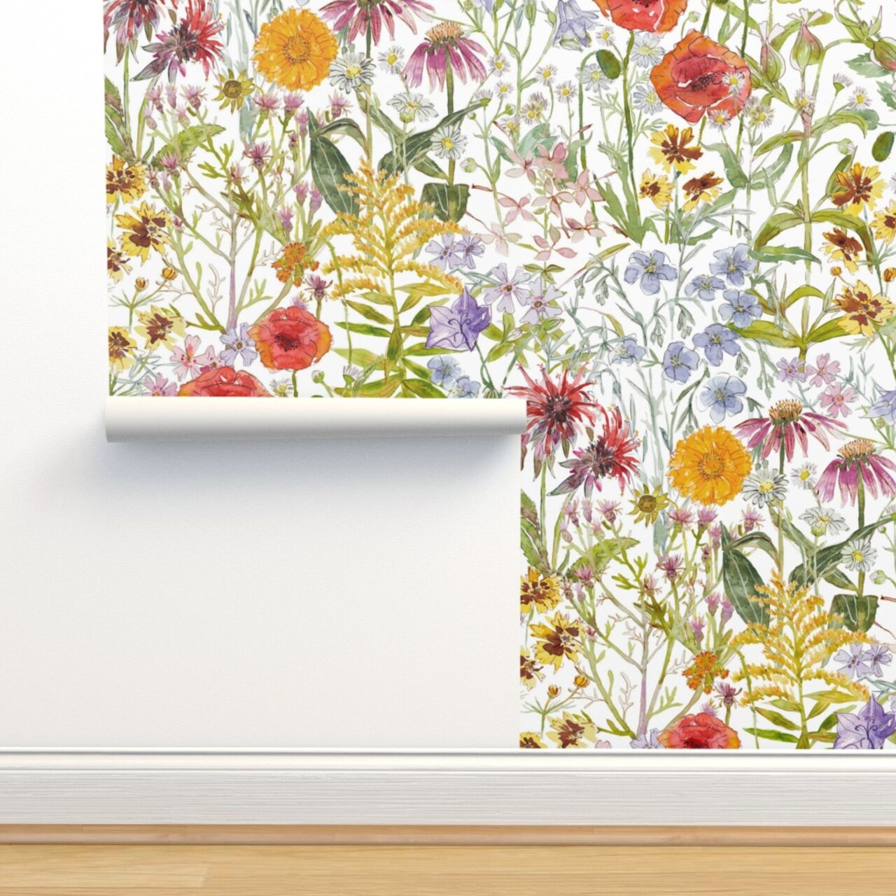 Wildflowers Green Red Floral Poppies Hand Drawn Ink Novelty Watercolor Columbine Chamomile Bee Balm Bell Flower Creeping Phlox Spider Custom Removable Wallpaper by Spoonflower Peel & Stick Wallpaper 2FT Wide